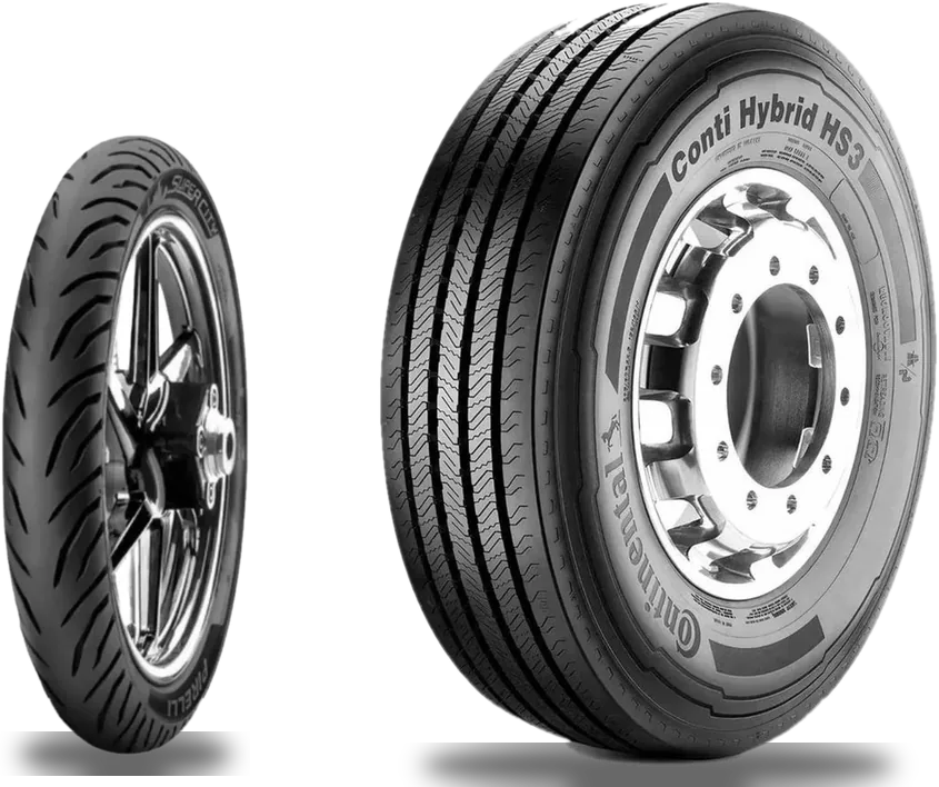 Pneu de moto Pirelli Super City e pneu de caminhão Continental Conti Hybrid HS3
